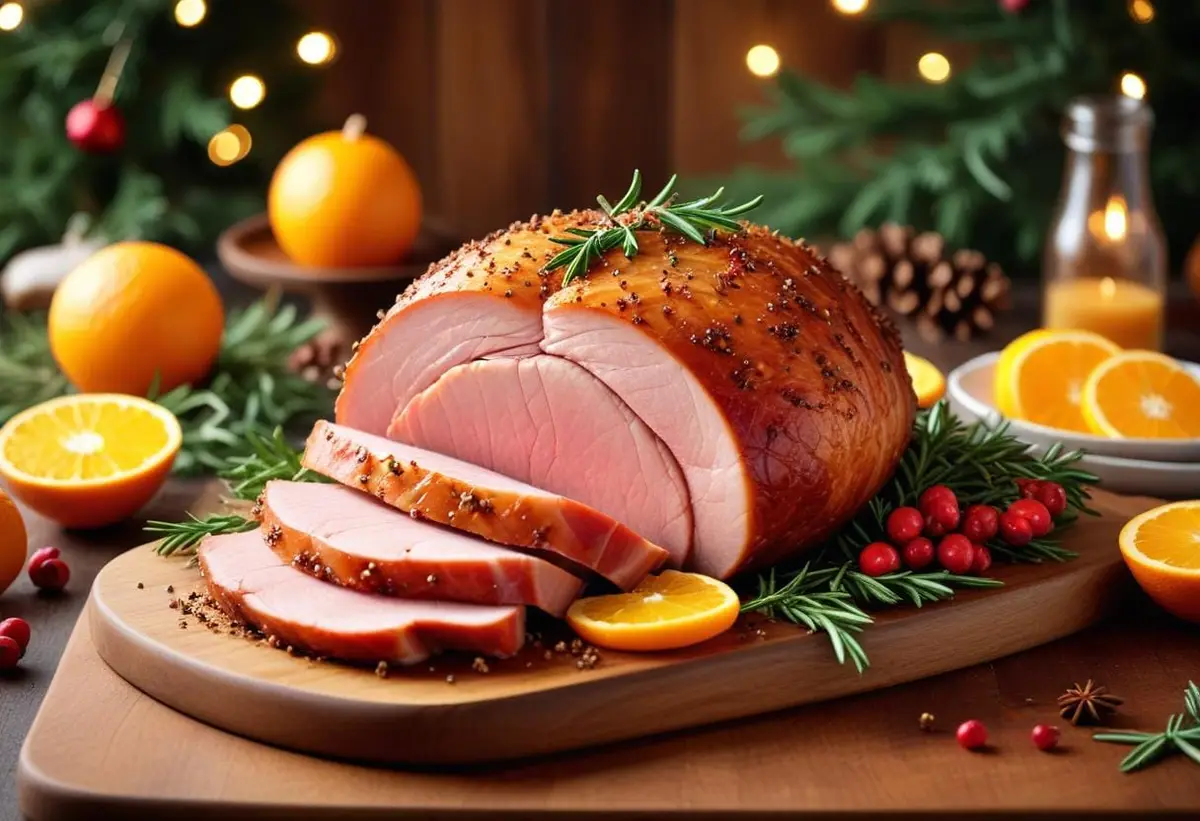 Hel griljerad julskinka med uppskurna skivor och citrusfrukter